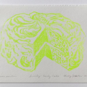 Handprinted Lino Cut Relief Print Swirly Curly Cake in Fluorescent Lime Green