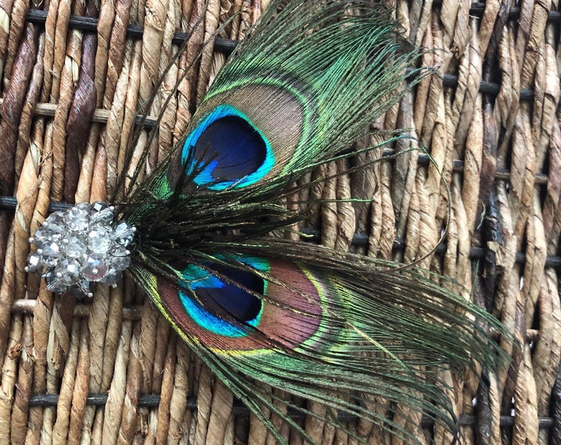 Peacock Feather Rhinestone brooch Fascinator Hair Clip Handmade in USA blue green brown