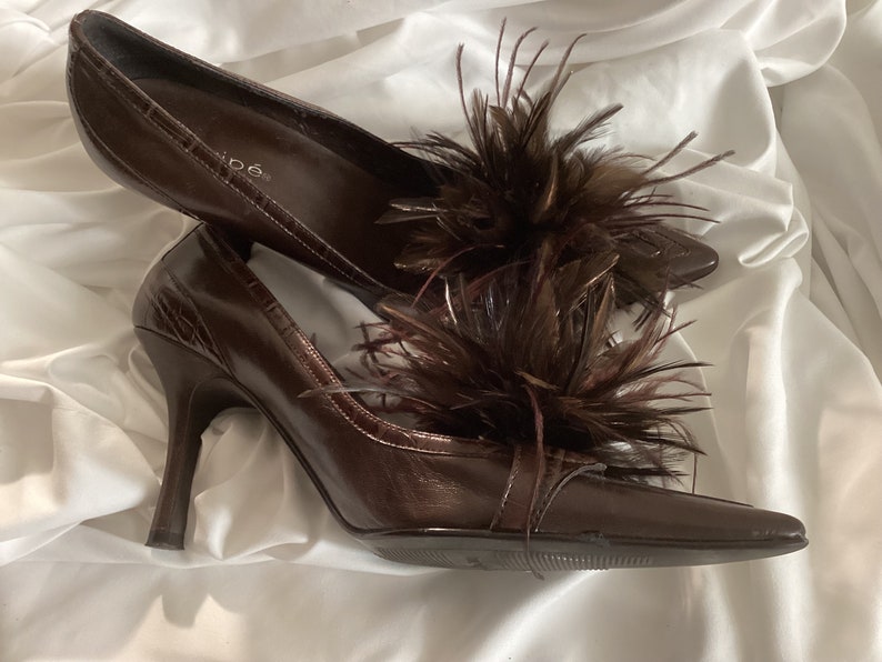 Dark Brown Ostrich Feather shoe clips accessory. Shoes not included. image 2