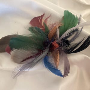 May include: A colorful feather hair clip with a flower-like design. The clip features a variety of feathers in shades of green, blue, red, orange, and gray. The feathers are arranged to create a layered, textured look, perfect for adding a touch of flair.