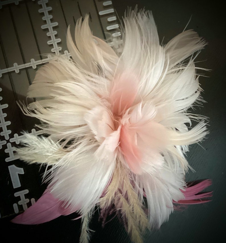 Large Pale Blush Pink rose tan Feather Fascinator Hair Clip Accessory &/OR lapel pin boutonniere afbeelding 7