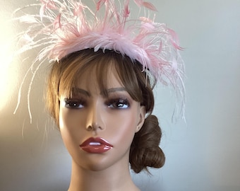 Pink,  White, or Ivory Ostrich Eyelash feather Fascinator Hair comb vintage style hat headband. Bridal wedding.Millinery