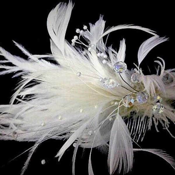 Ivory, White or Blush Pink handmade in the USA Bridal Wedding Fascinator Feather Hair Clip crystals Ostrich pearls