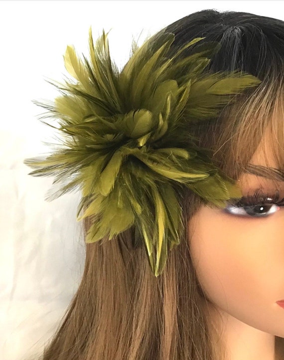 Dark forest & olive green  Feather Fascinator Hair Clip. Handmade in USA Buy Dark Forest Emerald Green Olive Feather Fascinator Hair  main image 3