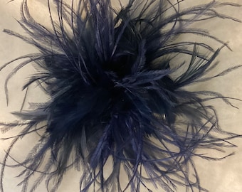 Dark blue, navy. Ostrich feather flower Fascinator Hair Clip or Brooch Pin. Handmade in USA.