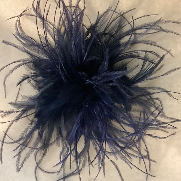 Dark blue, navy. Ostrich feather flower Fascinator Hair Clip or Brooch Pin. Handmade in USA.