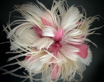 Large Pale Blush Pink rose tan Feather Fascinator Hair Clip Accessory &/OR lapel pin boutonniere