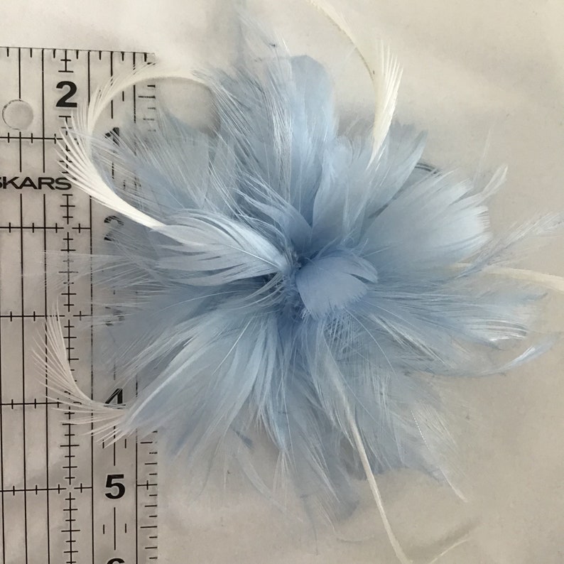 Light pastel Baby Blue Feather Flower Fascinator Hair Clip, Handmade in USA white ivory black afbeelding 5