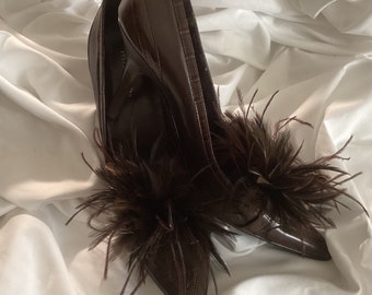 Dark Brown Ostrich Feather shoe clips accessory. Shoes not included.