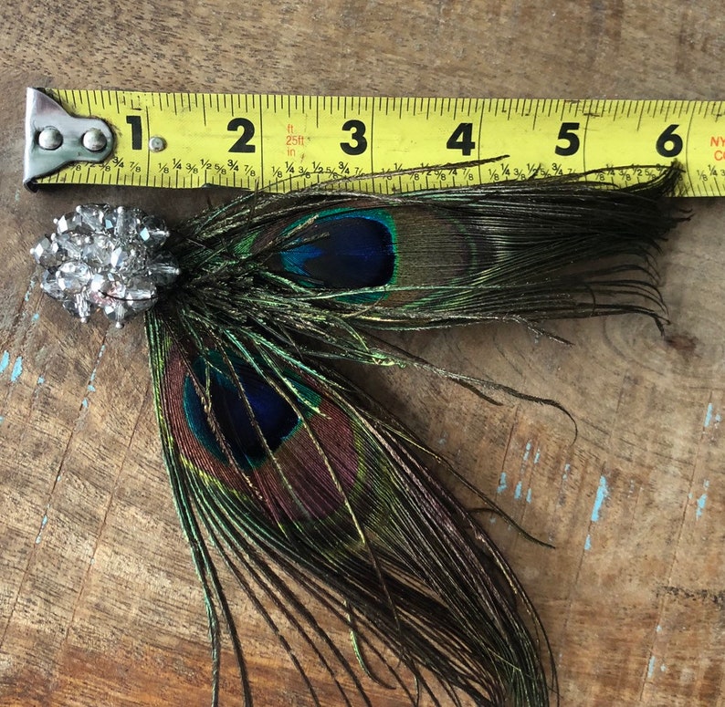 Peacock Feather Rhinestone brooch Fascinator Hair Clip Handmade in USA blue green brown