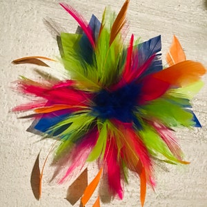 Multi color-pink green blue red & orange-Feather Fascinator Hair Clip or brooch fashion pin. Handmade in USA 画像 3