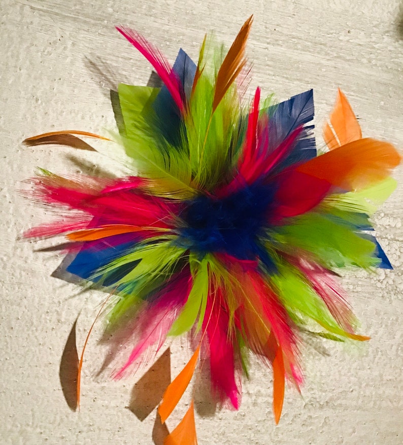 Multi color-pink green blue red & orange-Feather Fascinator Hair Clip or brooch fashion pin. Handmade in USA zdjęcie 3