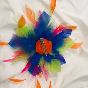 Multi color-pink green blue red & orange-Feather Fascinator Hair Clip or brooch fashion pin. Handmade in USA zdjęcie 4