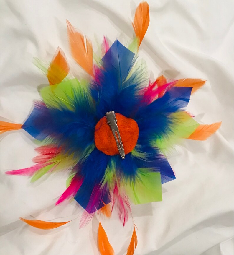 Multi color-pink green blue red & orange-Feather Fascinator Hair Clip or brooch fashion pin. Handmade in USA image 4