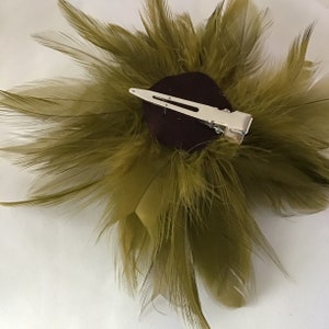 Olive Green Feather Fascinator Hair Clip, brooch pin. image 2