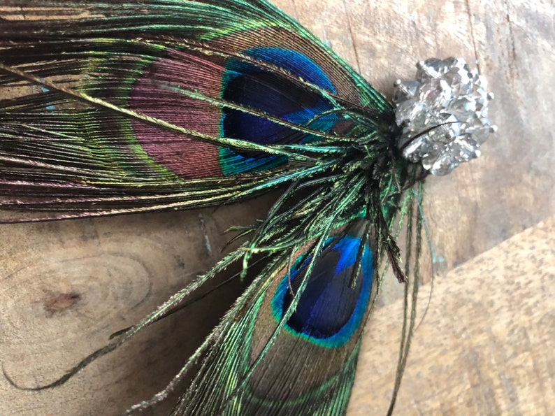 Peacock Feather Rhinestone brooch Fascinator Hair Clip Handmade in USA blue green brown