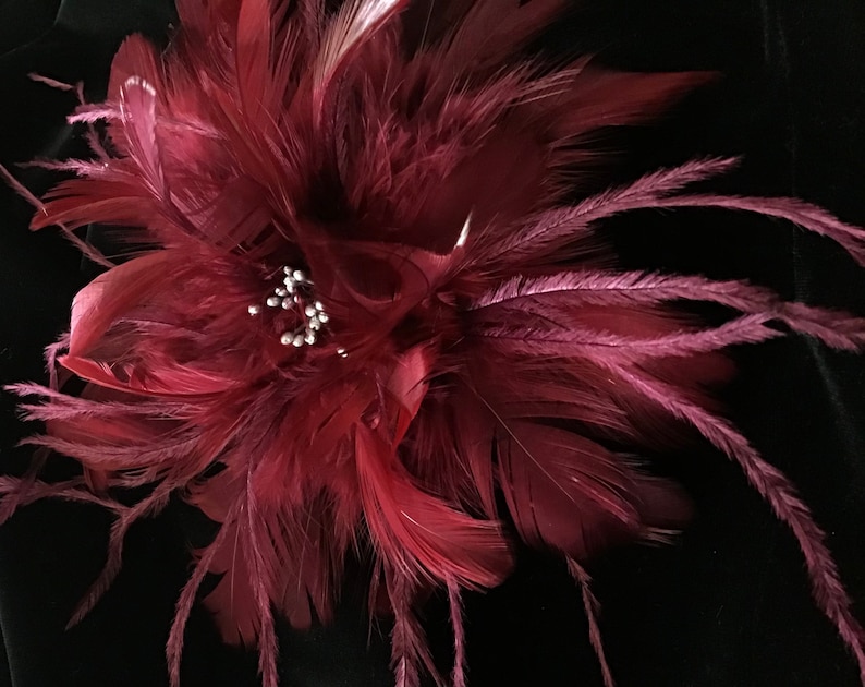 Dark red wine shades. Feather Fascinator Hair Clip, Fashion Pin Fashion Accessory. Made in USA image 2