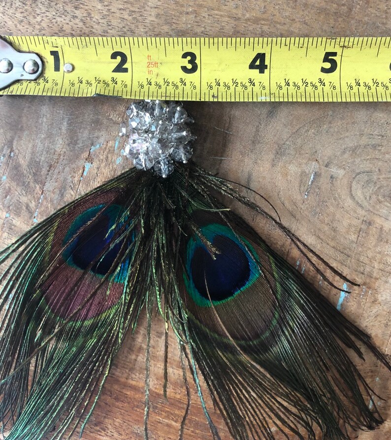 Peacock Feather Rhinestone brooch Fascinator Hair Clip Handmade in USA blue green brown