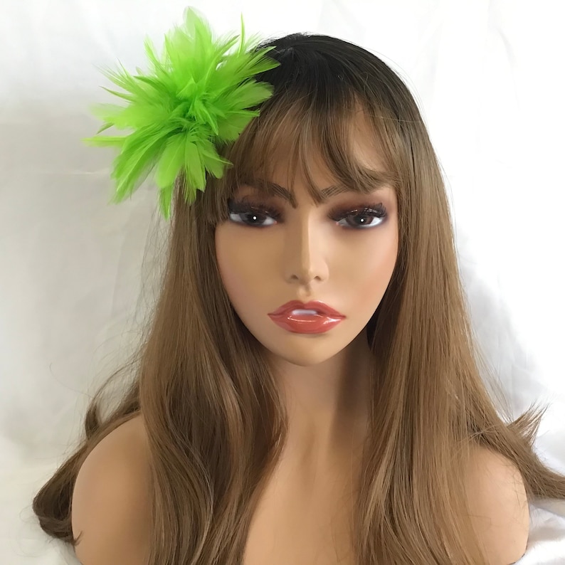 Lime Green Feather Fascinator Hair Clip Accessory, Handmade in USA 画像 3