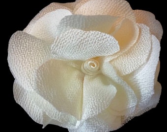 Ivory Cream fabric flower-rose-corsage-fashion pin-hair clip- millinery-hat clip-lapel flower. Ostrich feathers