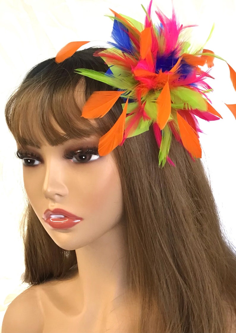 Multi color-pink green blue red & orange-Feather Fascinator Hair Clip or brooch fashion pin. Handmade in USA 画像 7