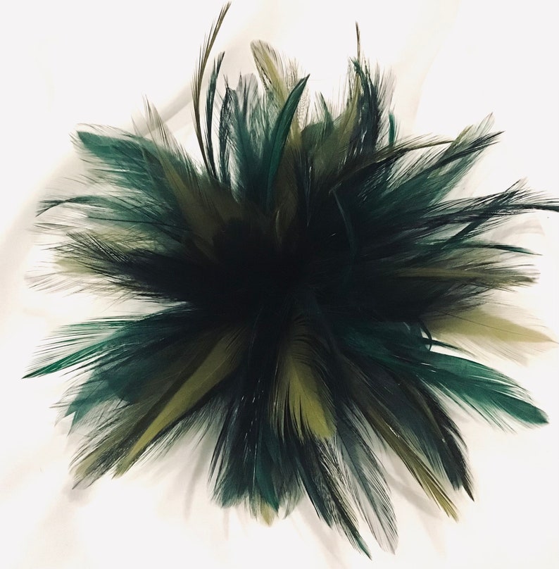 Dark Forest Emerald Green olive Feather Fascinator Hair Clip, Fashion pin. image 1
