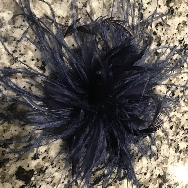 Dark blue, navy. Ostrich feather flower Fascinator Hair Clip or Brooch Pin. Handmade in USA. zdjęcie 3