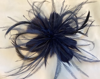 navy blue. Feather flower Fascinator Hair Clip. Handmade in USA.