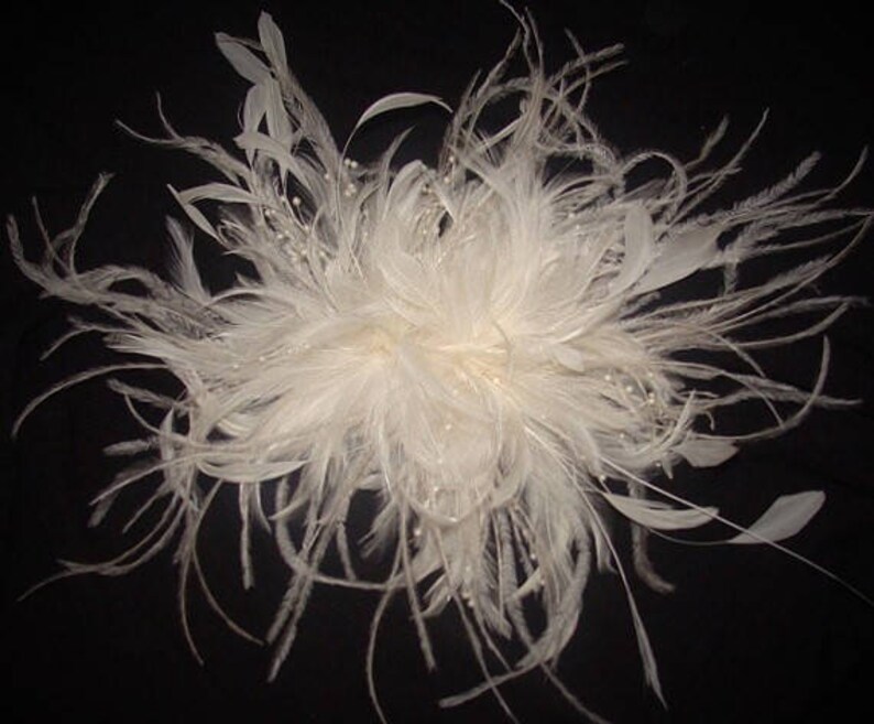 Bridal Wedding Ostrich Fascinator Feather Flower Hair Clip. Faux pearl bead stems. Millinery Headpiece. image 1