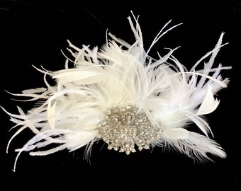 Ivory White Bridal Wedding Fascinator Ostrich Feather Hair Clip Rhinestone Large brooch center blush pink