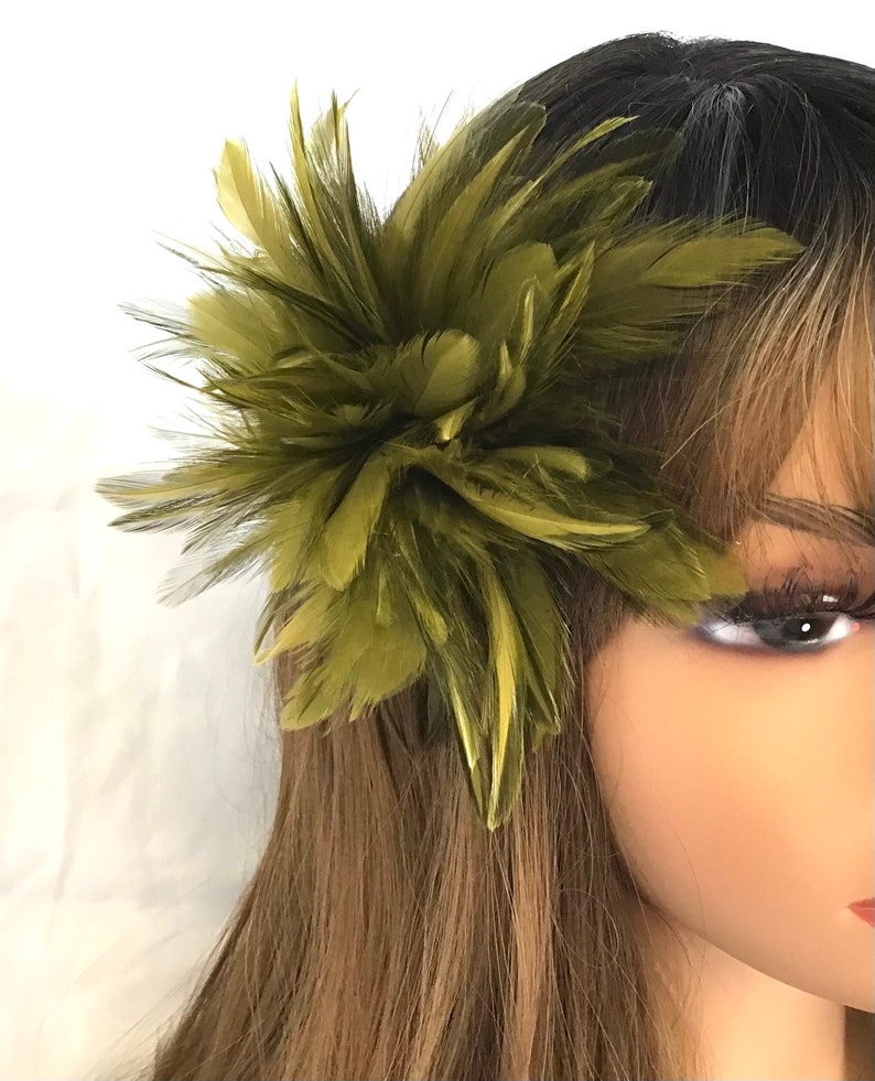 Olive Green Feather Fascinator Hair Clip, brooch pin. image 4
