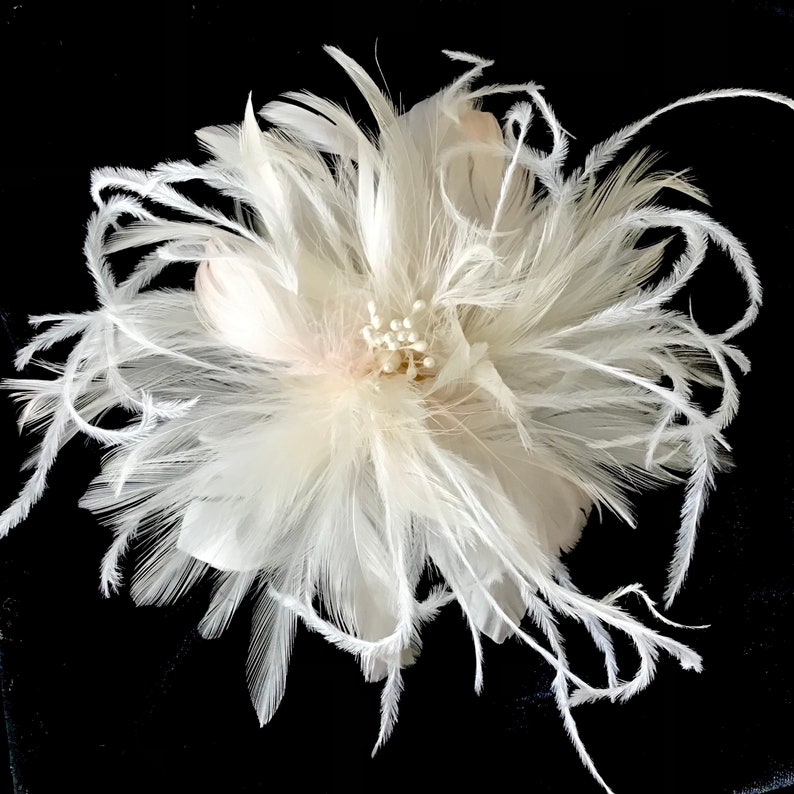 Bridal Wedding Feather Flower Fascinator Hair Clip Headpiece. Ostrich. pearlized stamen. Millinery image 2