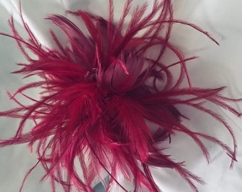 Raspberry Rose, Cerise Pink, Ostrich Feather Flower Fascinator Hair Clip, Corsage Pin Accessory.  millinery
