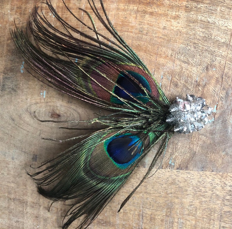 Peacock Feather Rhinestone brooch Fascinator Hair Clip Handmade in USA blue green brown