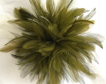 Olive Green Feather Fascinator Hair Clip OR brooch pin.