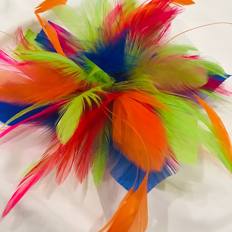 Multi color-pink green blue red & orange-Feather Fascinator Hair Clip or brooch fashion pin. Handmade in USA 画像 5