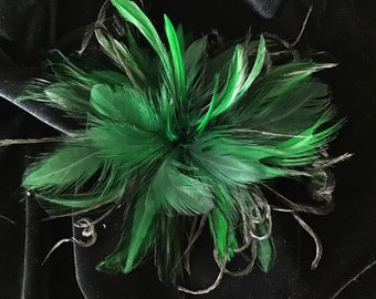 Dark Green & Black Ostrich FeatherFascinator Hair Clip, brooch pin  Fashion Accessory...Handmade in the USA