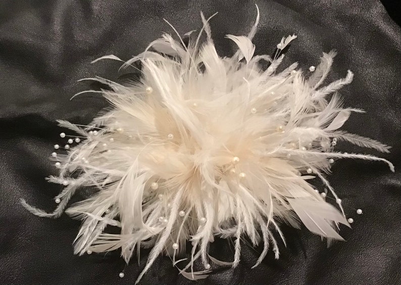 Bridal Wedding Ostrich Fascinator Feather Flower Hair Clip. Faux pearl bead stems. Millinery Headpiece. image 4