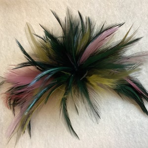 Dark Forest Emerald Green olive & Rose pink Feather Fascinator Hair Clip Accessory or Fashion pin. image 1
