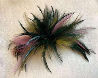 Dark Forest Emerald Green olive & Rose pink  Feather Fascinator Hair Clip Accessory or Fashion pin.