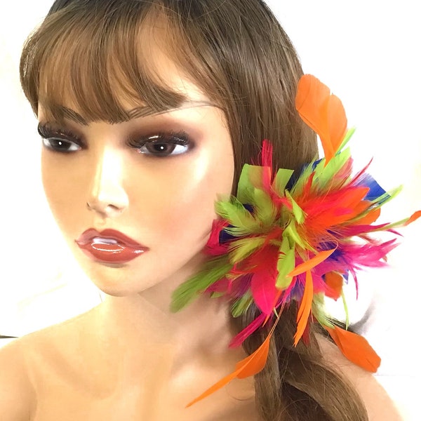 Multi color-pink green blue red & orange-Feather Fascinator Hair Clip or brooch fashion pin. Handmade in USA