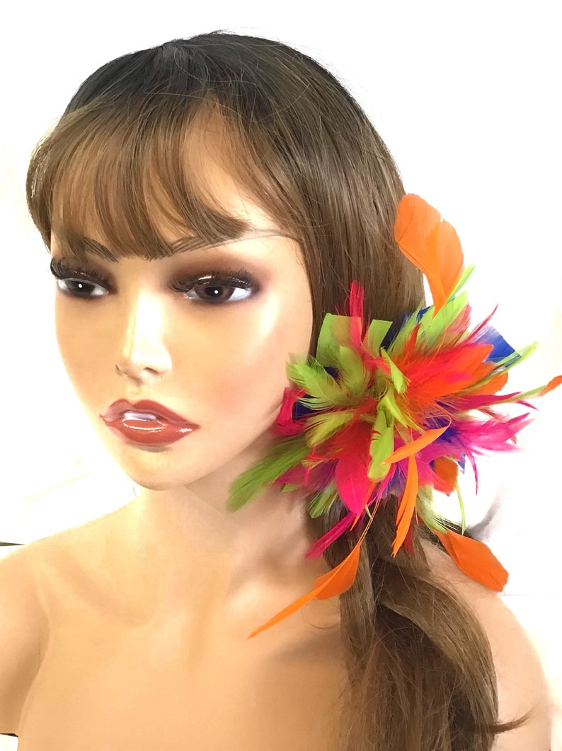 Multi color-pink green blue red & orange-Feather Fascinator Hair Clip or brooch fashion pin. Handmade in USA 画像 1