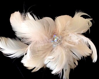 Pale Blush Pink, Ivory, or Black Feather Fascinator Hair Clip,crystal bead, bridal wedding, Handmade in USA