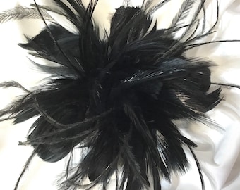 Black Feather Fascinator Hair Clip Accessory. Ostrich. Brooch pin.