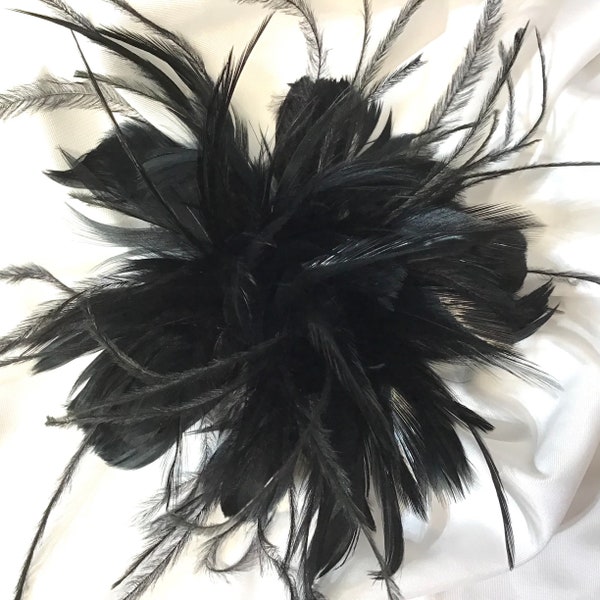 Black Feather Fascinator Hair Clip Accessory. Ostrich. Brooch pin.