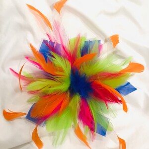 Multi color-pink green blue red & orange-Feather Fascinator Hair Clip or brooch fashion pin. Handmade in USA 画像 6