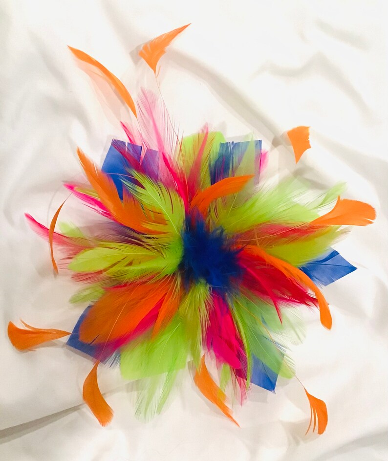 Multi color-pink green blue red & orange-Feather Fascinator Hair Clip or brooch fashion pin. Handmade in USA 画像 6