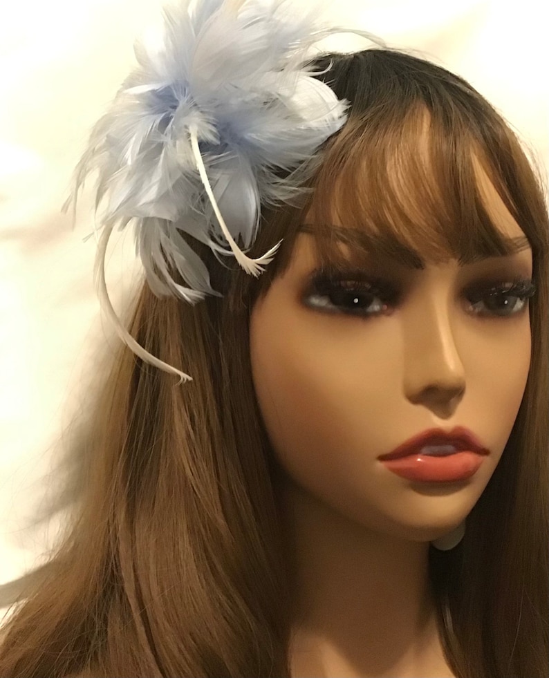 Light pastel Baby Blue Feather Flower Fascinator Hair Clip, Handmade in USA white ivory black zdjęcie 3