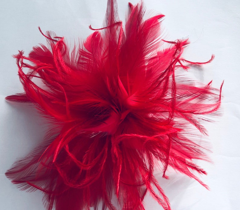 Red Feather Fascinator Hair Clip Accessory... many colors available...handmade in the usa 画像 2