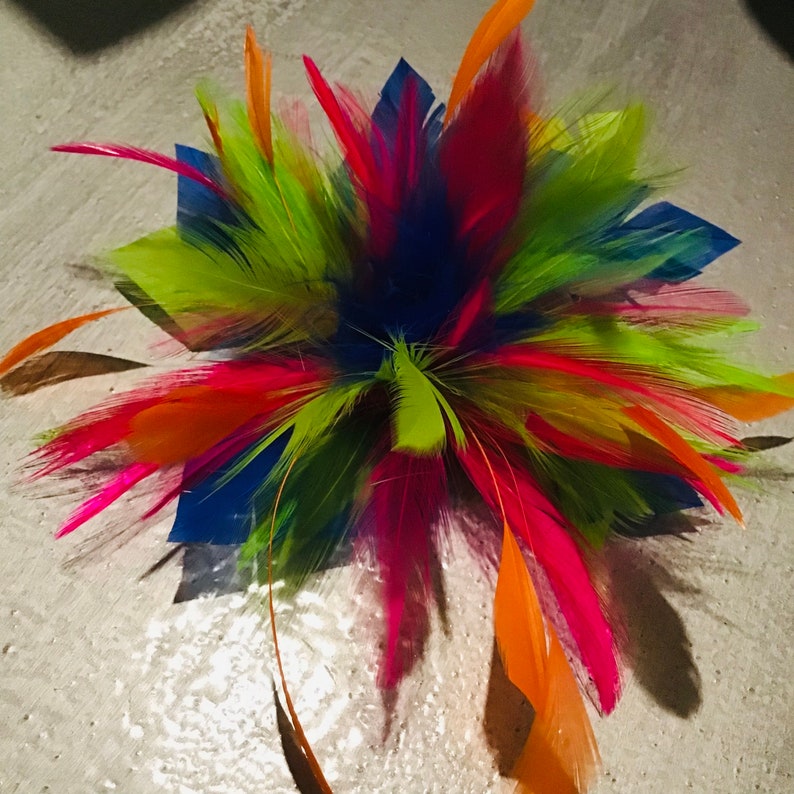 Multi color-pink green blue red & orange-Feather Fascinator Hair Clip or brooch fashion pin. Handmade in USA image 2